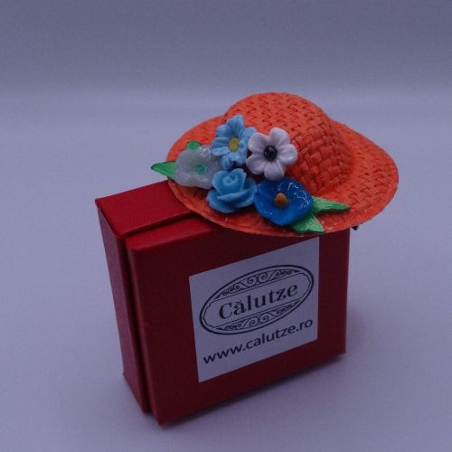 Pălărie portocalie din paie cu flori